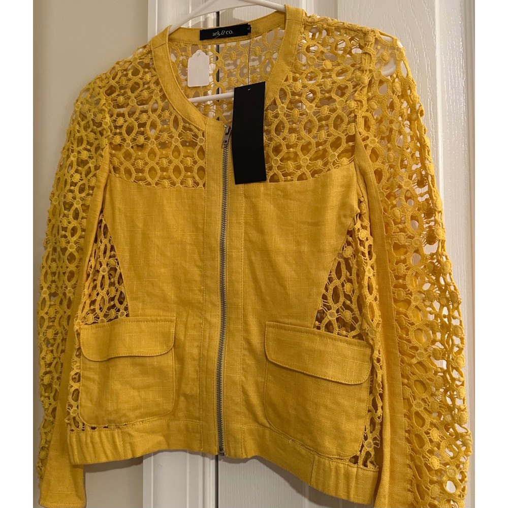 Ark & Co Womens Yellow Linen Crochet Lace Zip Up Jacket JR90666T Size S NWT